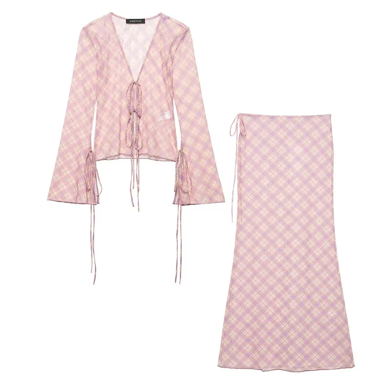 Abito casual da donna con stampa rosa con scollo a V e lacci, camicetta ampia, gonna lunga dritta, set di abiti per le vacanze primaverili ed estive