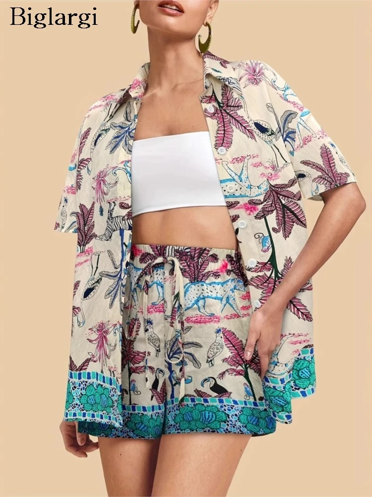 

Summer Floral Holiday 2 Two Piece Set Women Casual Fashion Ladies Shirts Loose Wide Leg Woman Elastic Waist Shorts