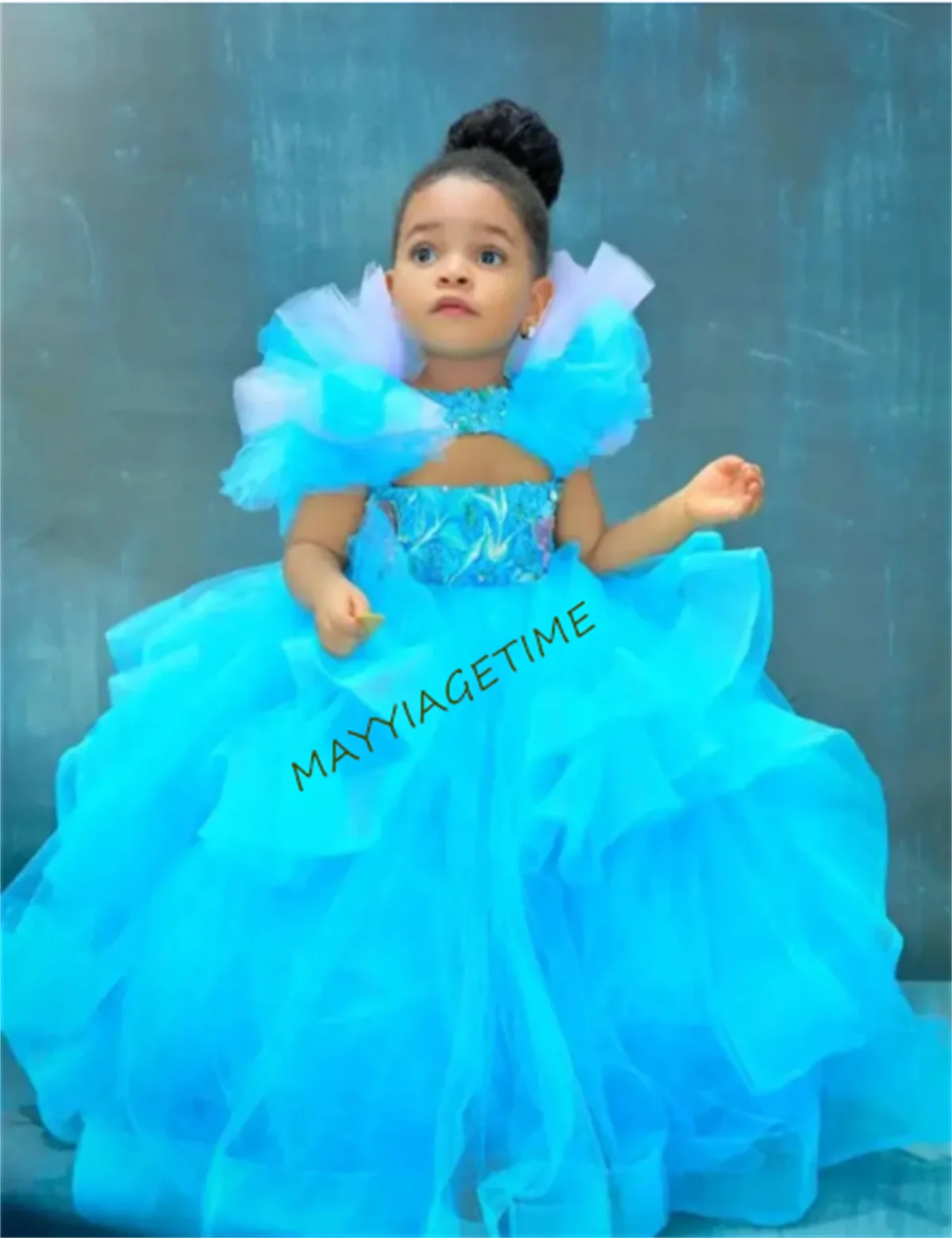 Blue Princess Flower Girl Dress Ball Gown Tulle Appliqued Embroidery Girl Christmas Pageant Birthday Dresses