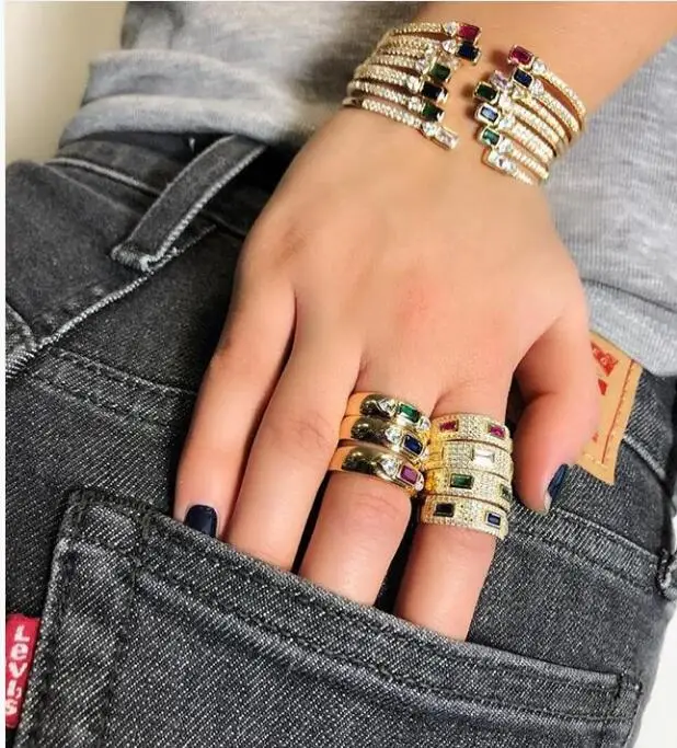 Gold color filled blue green red white rectangle cubic zirconia Open cuff bangle bracelet women fashion jewelry
