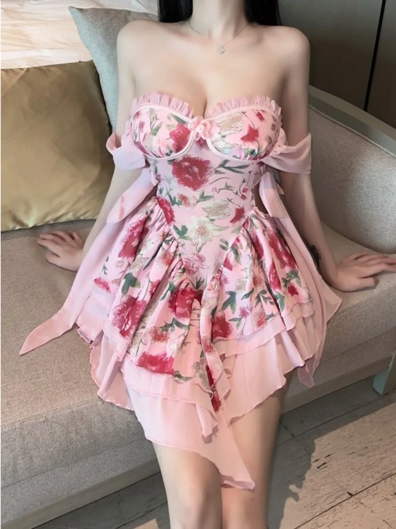 WOMENGAGA Dresses Feminine V-neck Low Cut Floral Lace Slim Strapless Short Dress Elegant Sweet Korean Women Fairy Dress H6QB