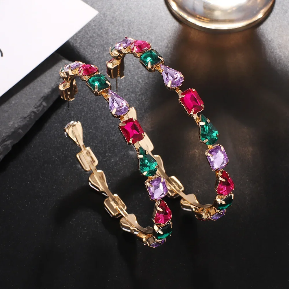 BOXUAN Fashion Rhinestone Earrings in Multi Color Women Jewelry Large Hoop Post Earrings Gold Round Cushion Cut Earrings