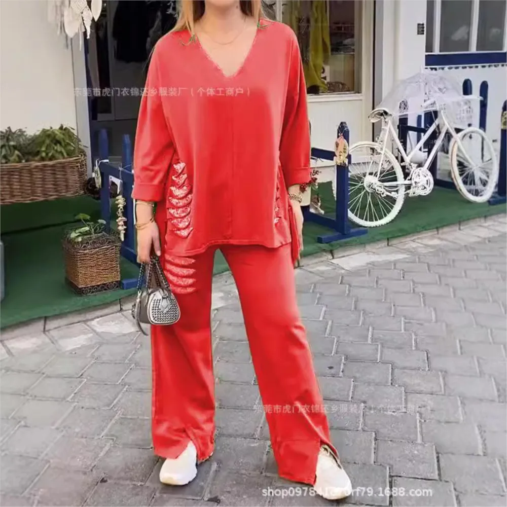 Moda rasgado lantejoulas solto com decote em v t camisa calças 2 peça conjunto para o outono feminino nova fenda casual calças esportivas terno feminino
