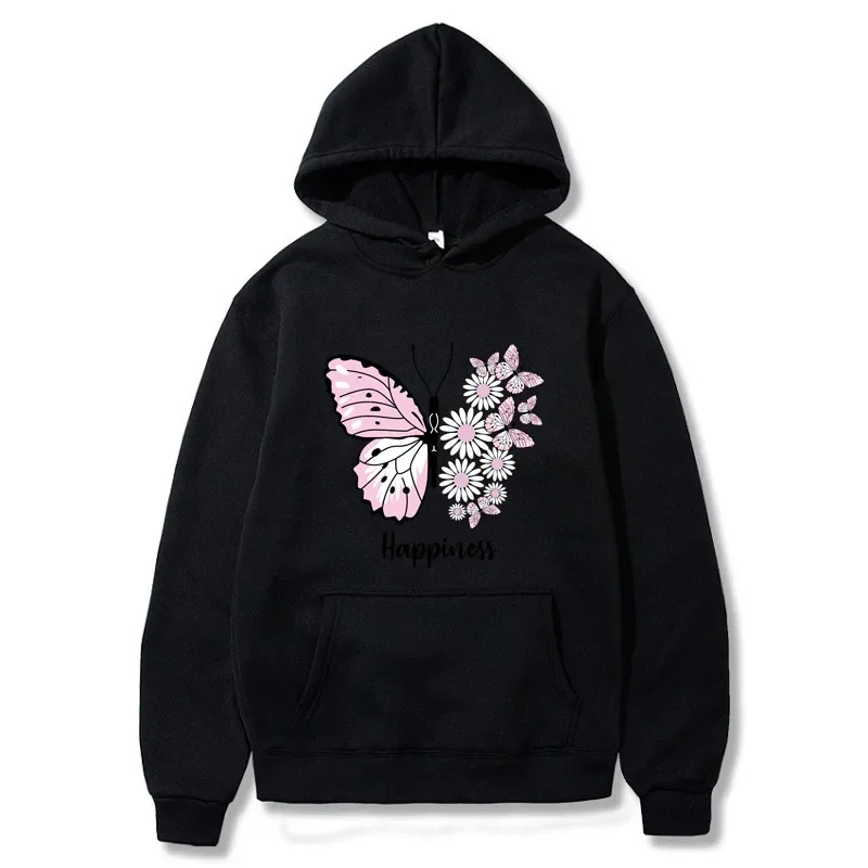 Men\'s and Women\'s Unisex Butterfly Print Pullover Casual Hooded Pocket Sweatshirt Sweatshirt Black S-3XL