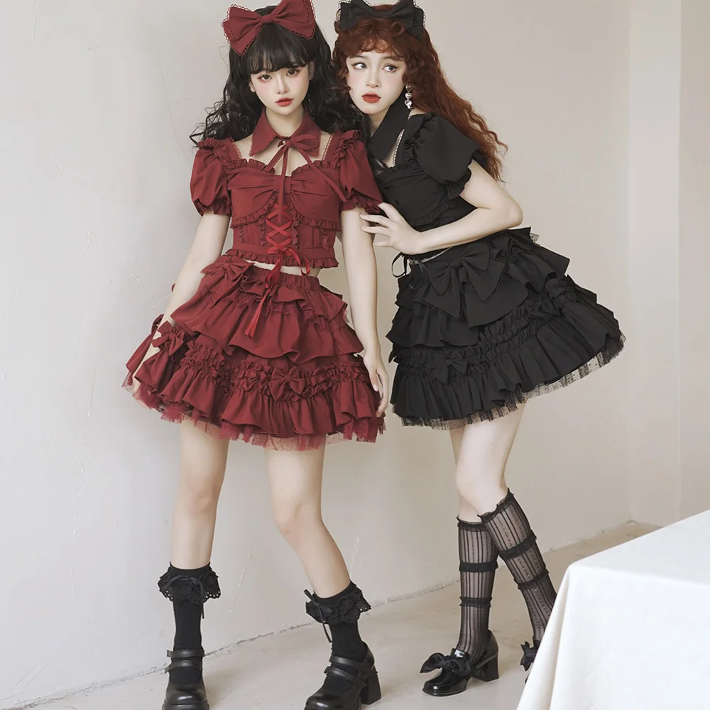 New Split Style Lolita Spicy Girls Short Sleeve Top Sk Half Skirt Set Red Black Dresses Kawaii Party Dress