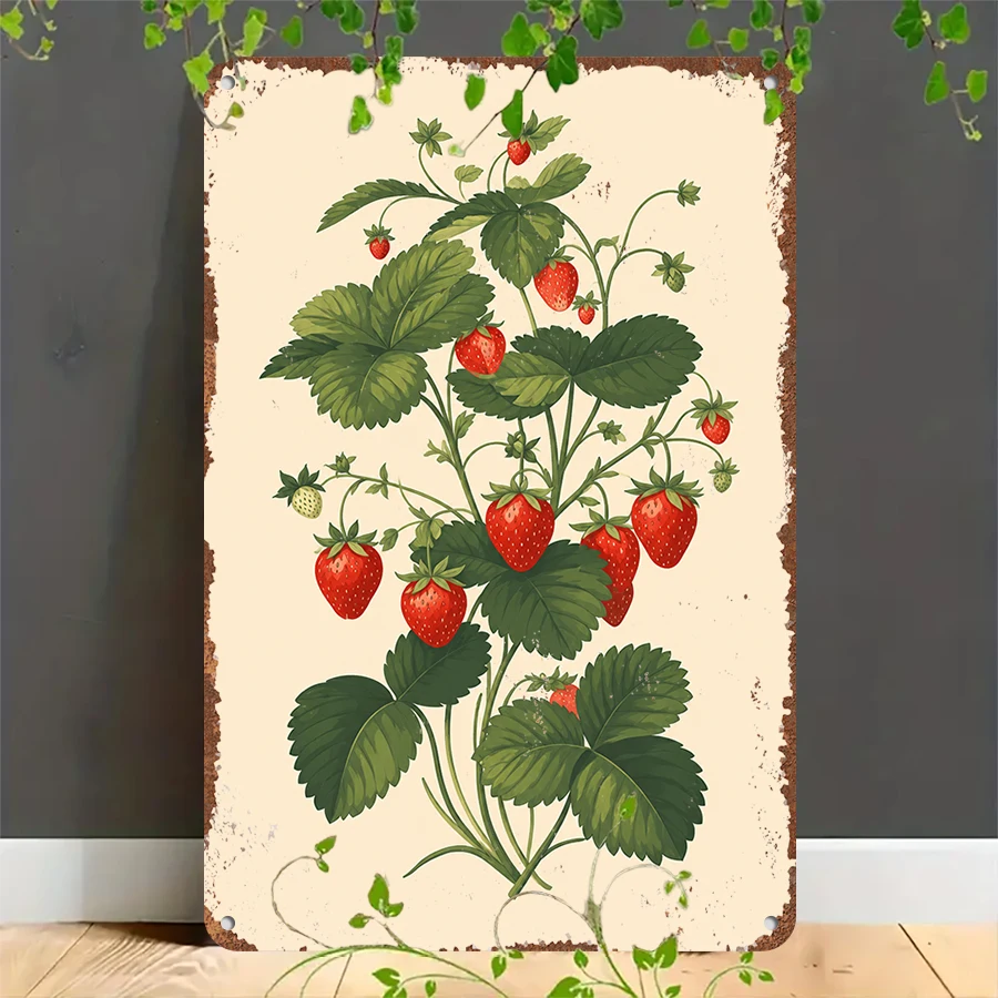 2D flat retro metal tin plate, Vintage Strawberry Plant Wall Tin Sign, Suitable for home, garage, café, bar and garden decoration