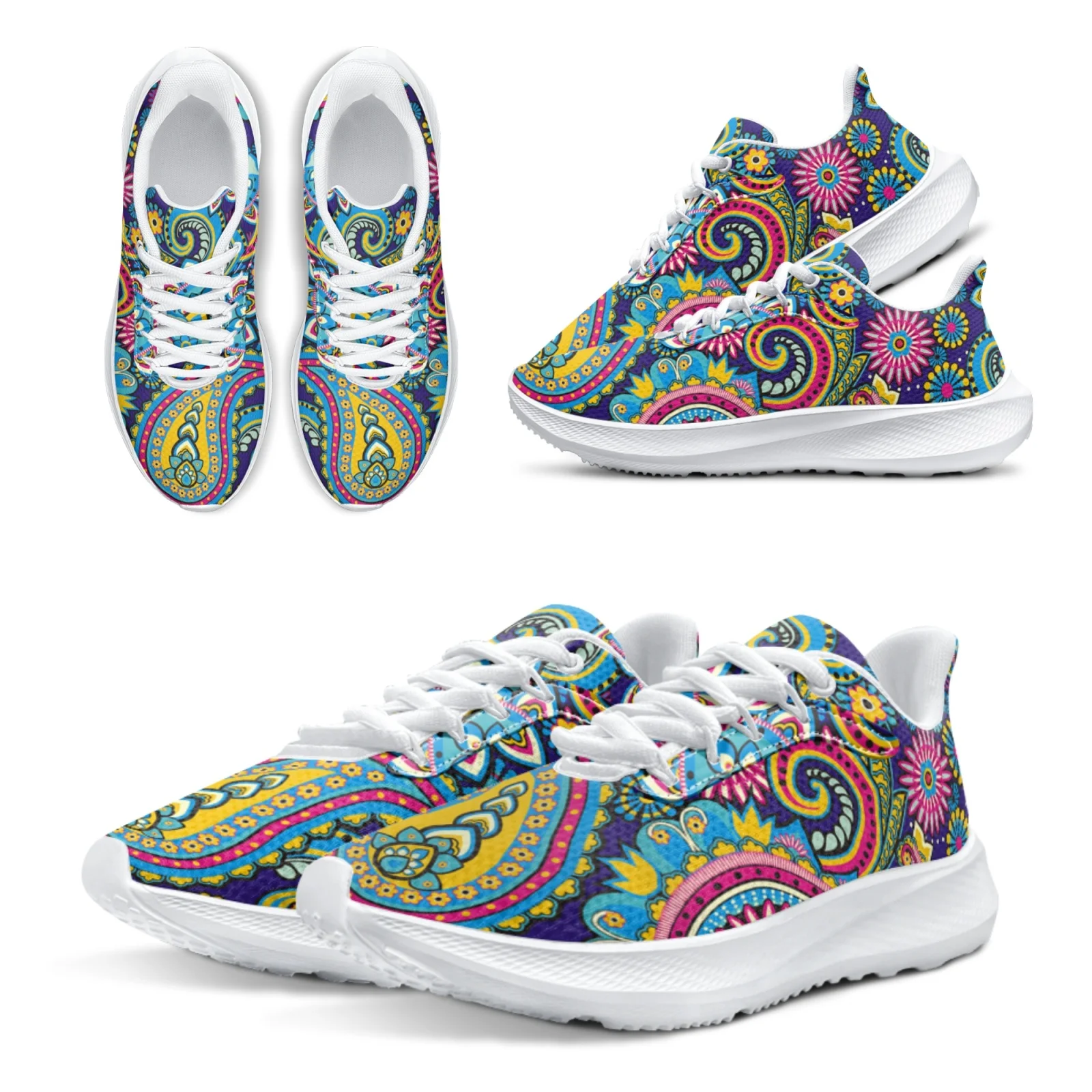 INSTANTARTS New Sneaker Bohemia Mandala Flower Print Casual Sneakers For Women Boho Cashew Flower Girls Tennis Shoes White Shoes