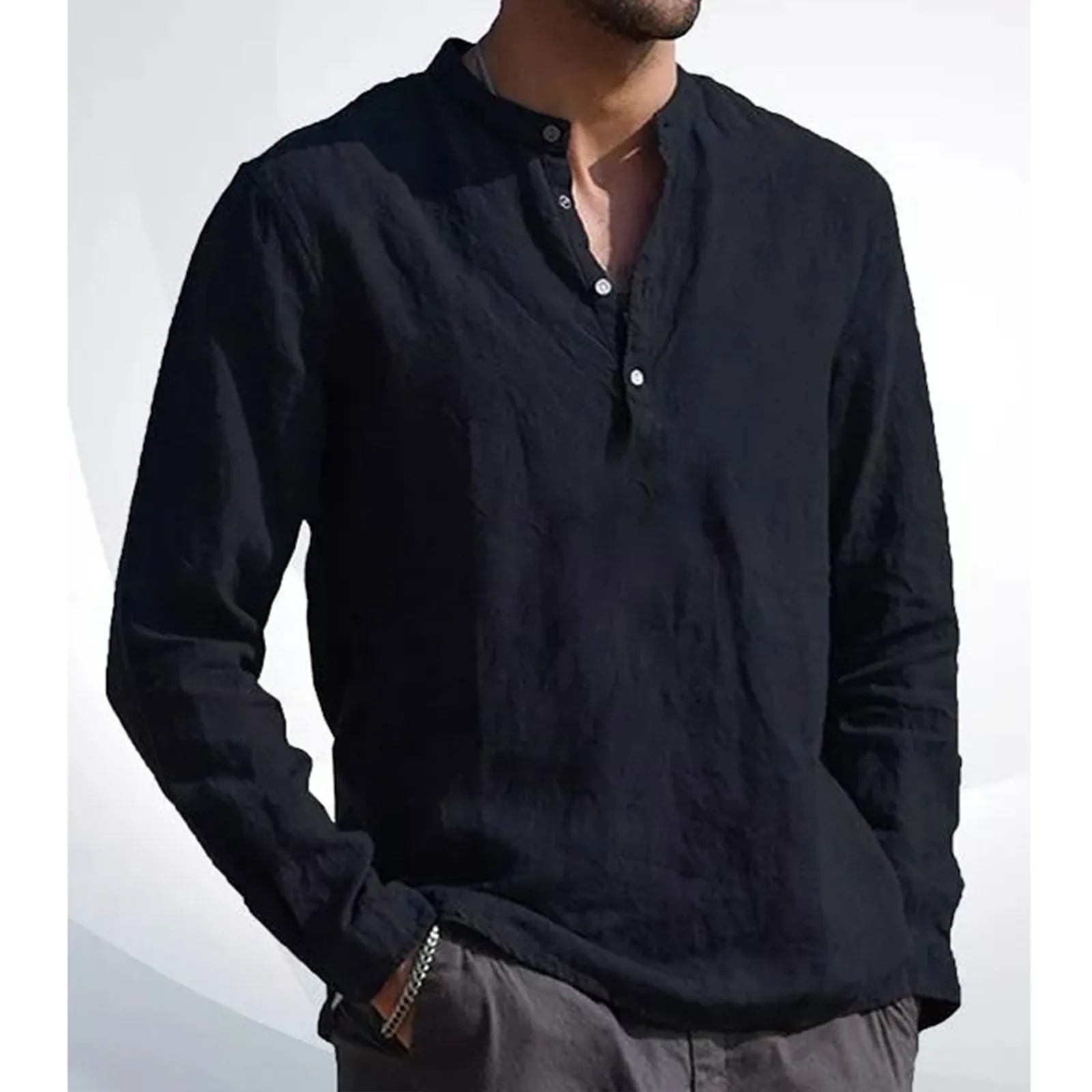 

New Men's Cotton Linen T Shirts Casual Long Sleeve Button Down Collar Shirt Loose Solid Color Tops Spring Men Clothing