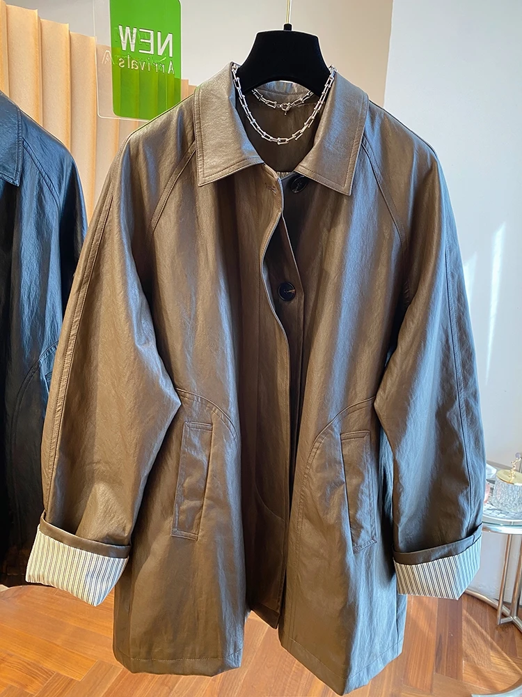 アメリカンレトロハイエンドレザージャケット女性用ミッドレングストレンディアウターウェア秋の新作多用途ジャケット上半身用