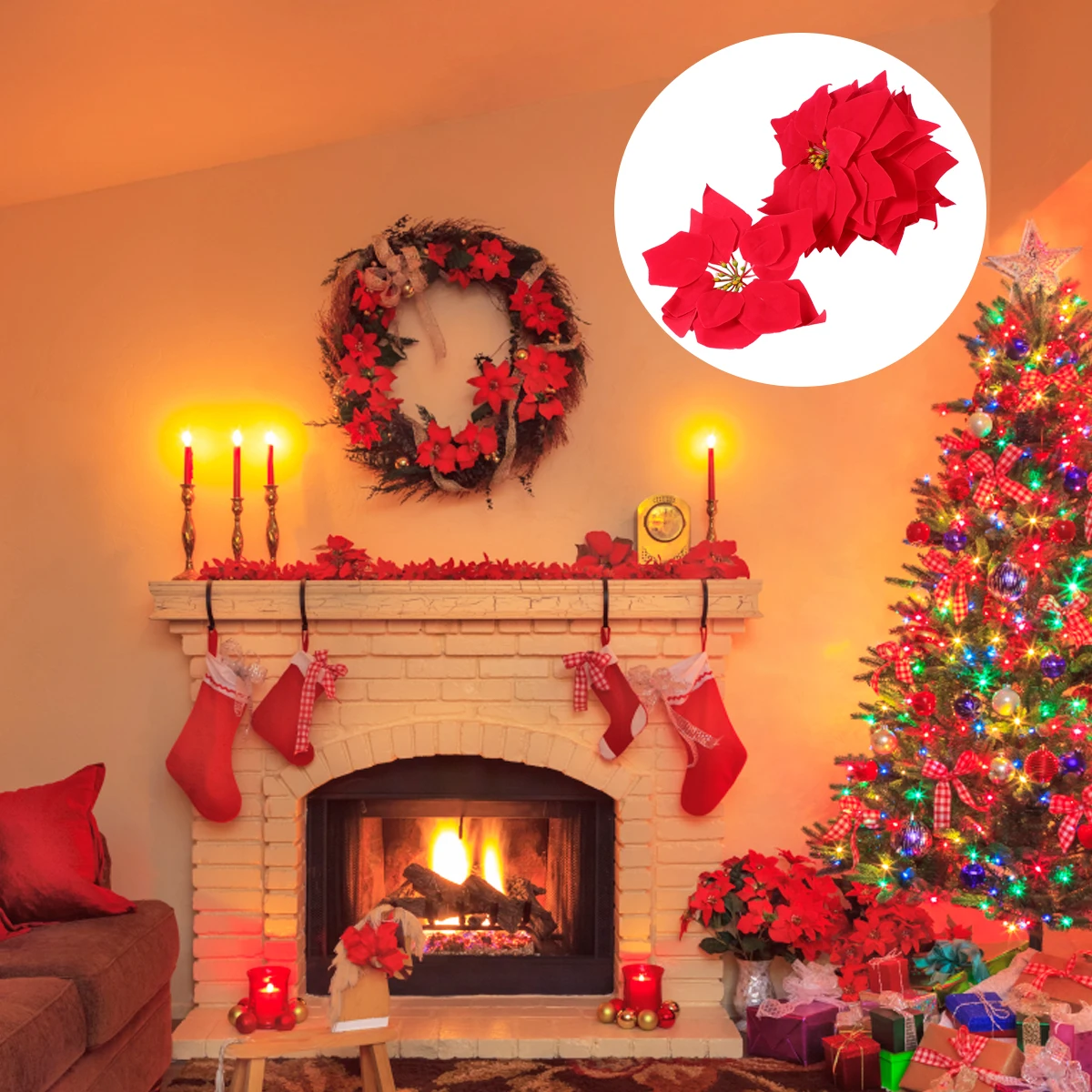 

10Pcs Artificial Poinsettia Flowers Christmas Tree Hanging Decors Red Plastic Christmas Flower Decorative Flowers