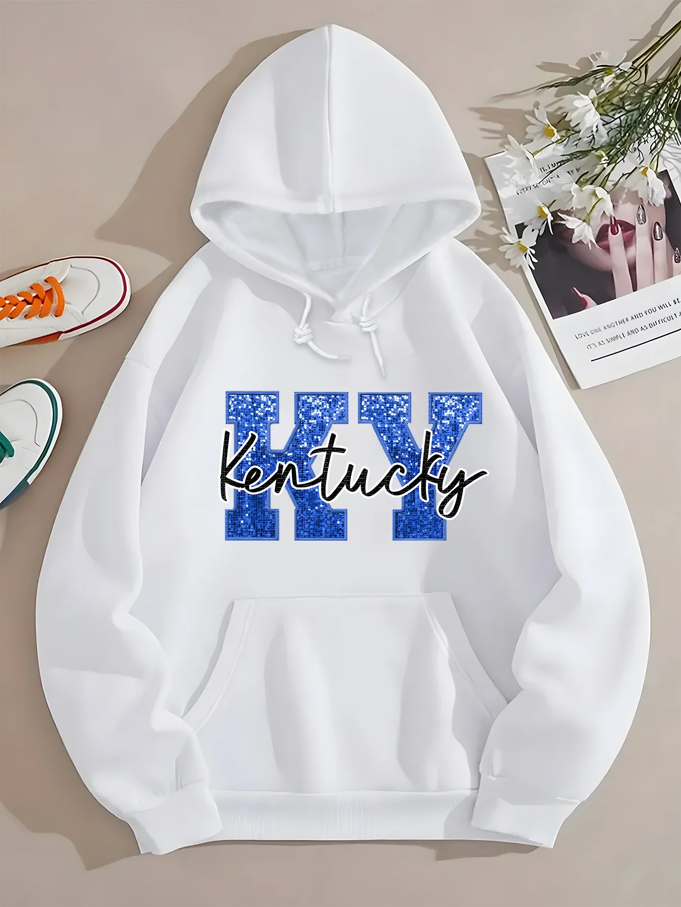 

Белая толстовка с капюшоном Kentucky и синими блестящими буквами, уличная одежда, повседневный пуловер унисекс, свободный крой, весна-осень, мода