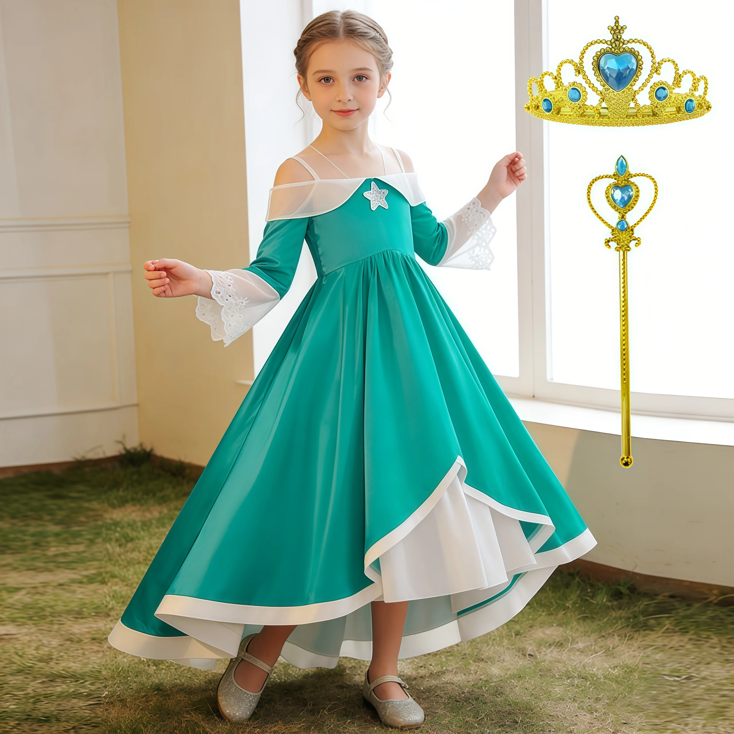 Robe de princesse pêche d'été pour filles, Costume de jeu de rôle Rosalina de dessin animé pour enfa