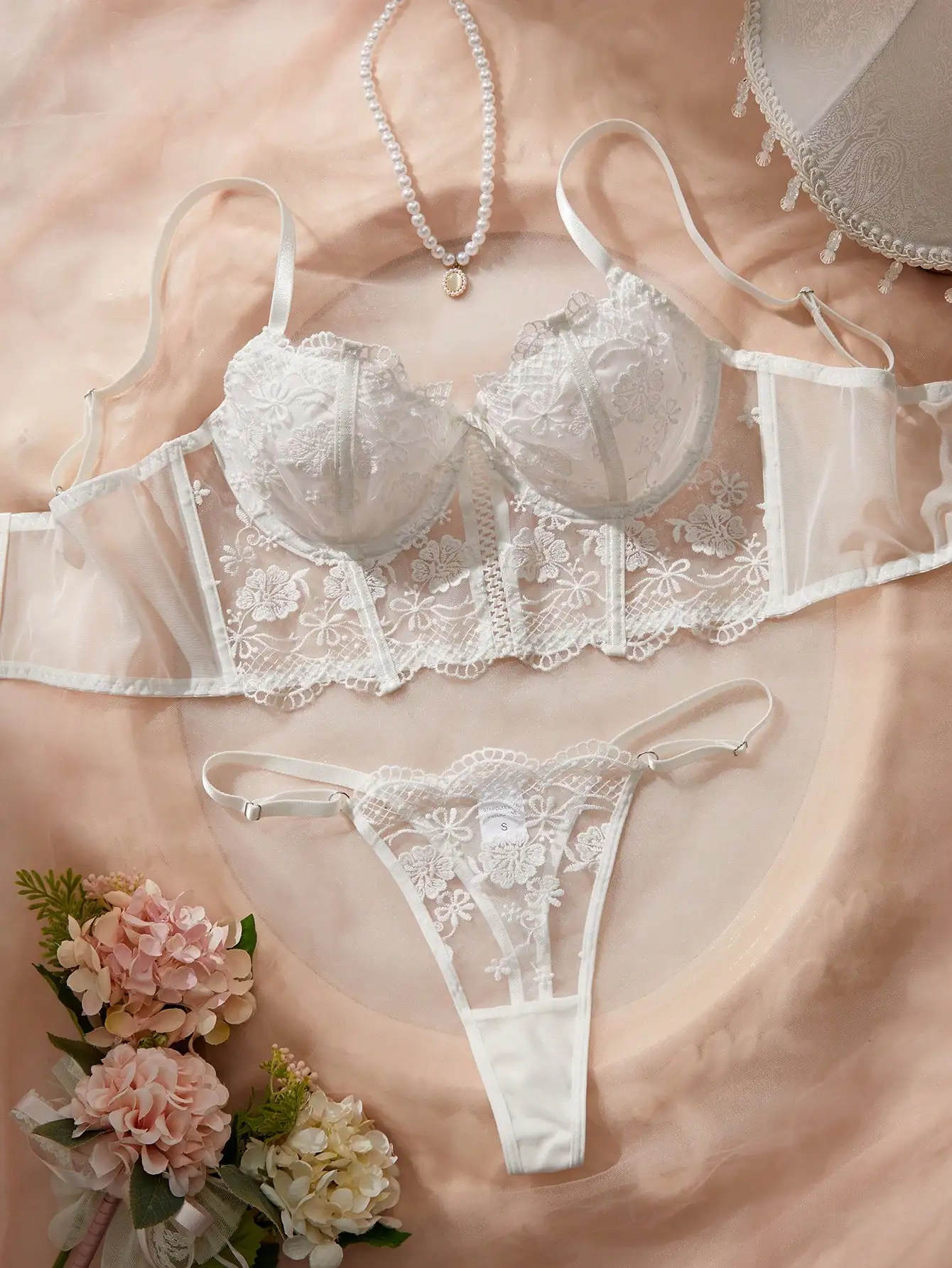 Black Lace Three-Piece Lingerie Set With Sheer Floral Details - Image 2