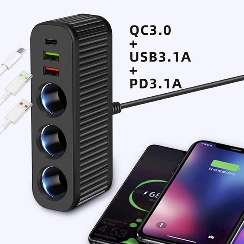 ที่ชาร์จในรถยนต์ 120W PD ชาร์จเร็ว อะแดปเตอร์แปลงไฟ USB มัลติฟังก์ชั่นแบบหนึ่งต่อสี่ สำหรับโทรศัพท์มือถือ