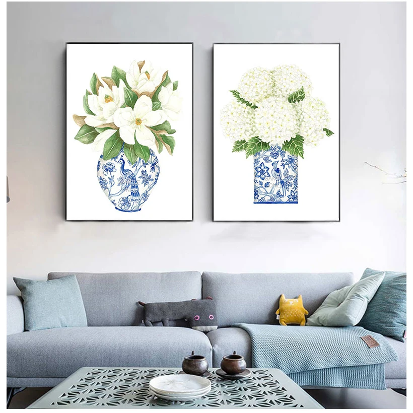 Blue and White China Magnolia Hydrangea Prints Chinoiserie Art Canvas Painting Gallery Wall Art Picture Poster Trendy Wall Decor