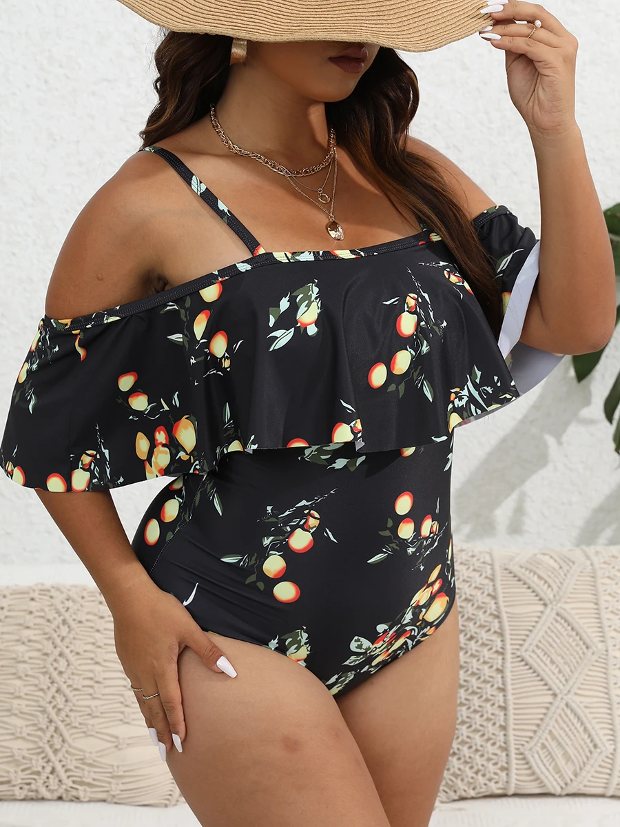 Ruffle Large Plus Size Swimsuit Women One Piece Printed Swimwear Female Bathers Bathing Swimming Swim Suit Beachwear 4XL