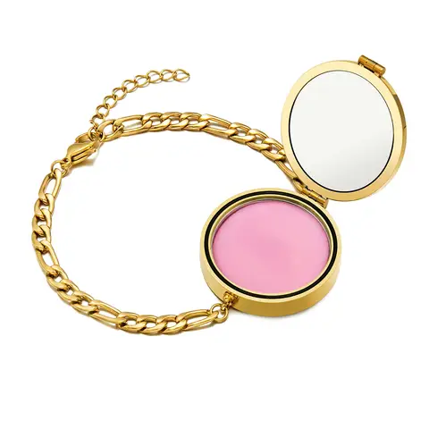 Pulsera de bálsamo labial de acero inoxidable, pulseras de cadena con medallón dorado impermeables para mujeres y niñas