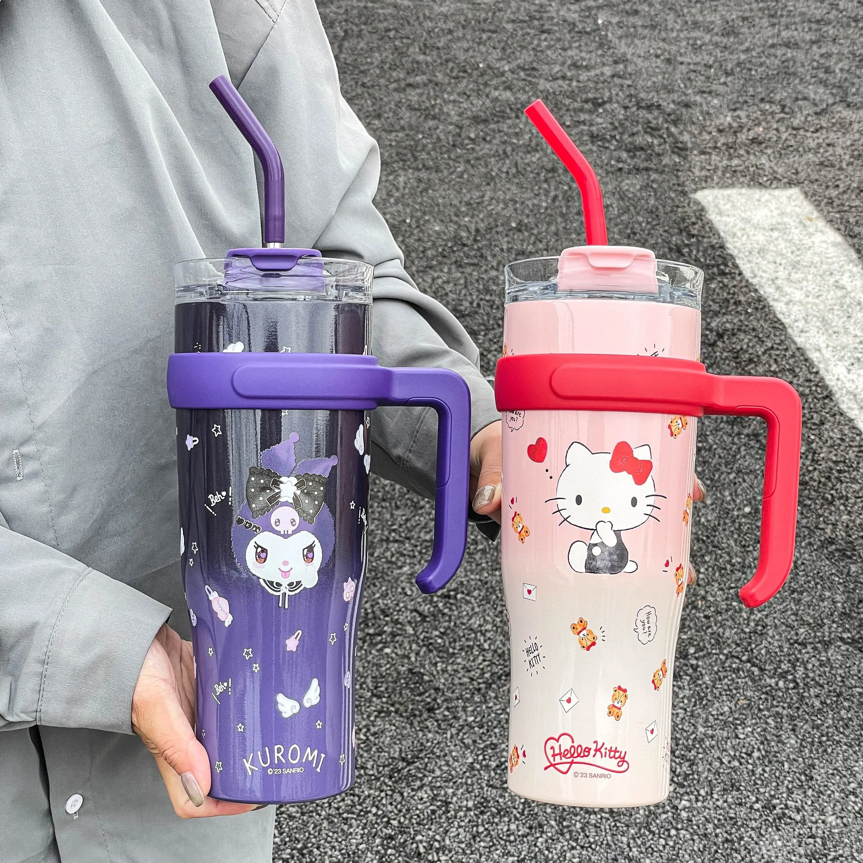 HelloKitty Tumbler Straw  1200ML large capacity Kuromi Cinnamoroll Melody Stainless Steel Thermos Cup Sanrio Cute  Water Bottle