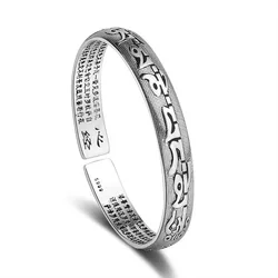 S925 Silver Vintage Buddhist Scriptures Mantra Adjustable Bracelet Resizable Bangle For Women Girl Lady Wedding Birthday Gift