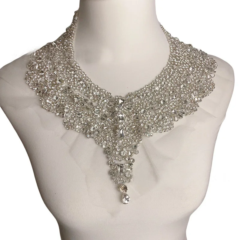 1PCS Silver Rhinestone Applique Beaded Patches Collar Sew on Wedding Dress Accessories For Clothes Decoration