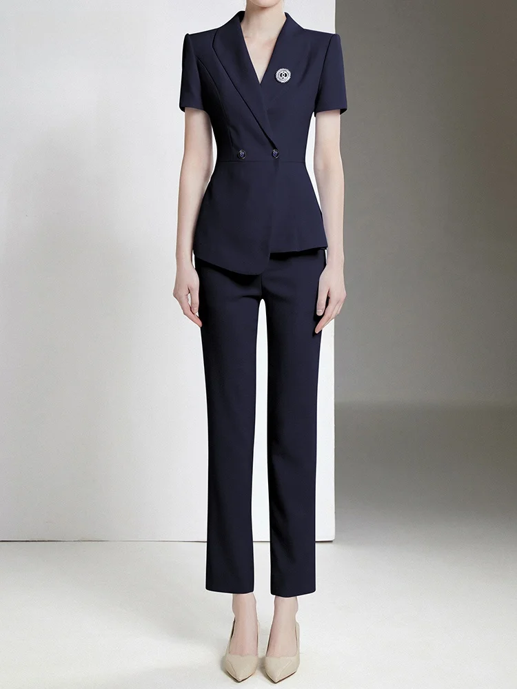 

Professional Short Sleeve Suit Women's Fashionable Royal Blue High End Workwear for Jewelry Store Ladies Formal Jewelry Shop ...