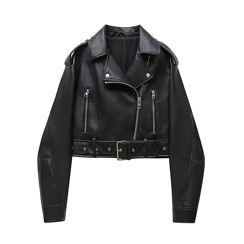 

blacK Women Vintage Loose Pu Faux Leather Short Jacket with Belt Streetwear Female Zipper Retro Moto Biker Coat Outwear