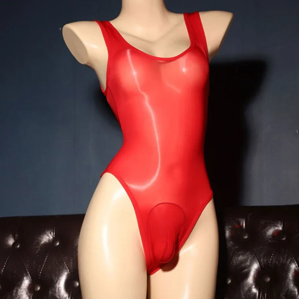 Mens Sexy Glossy Swimsuit Transparent Leotard Sleeveless Fitness Singlet Jumpsuit Bodysuit Erotic Costume Night Club Wear