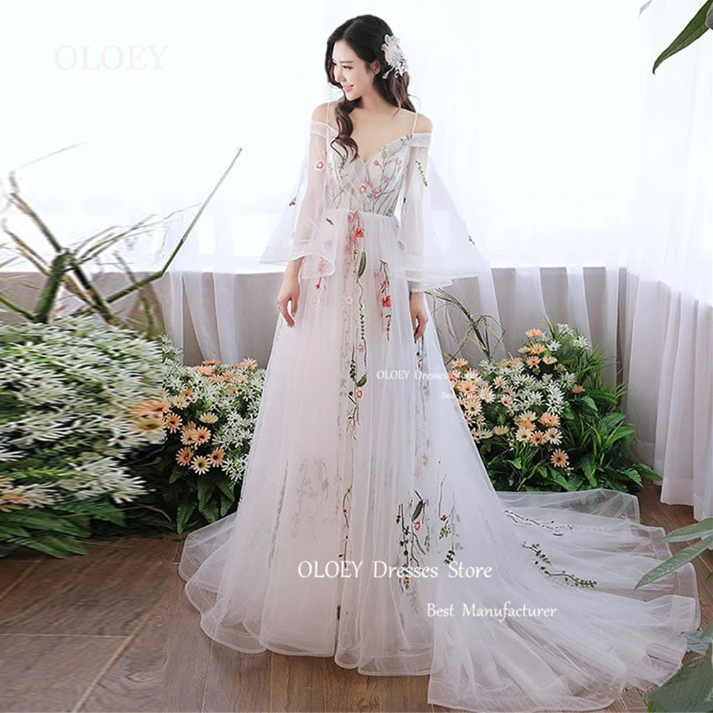 

OLOEY White Floral Tulle Wedding Dress Korea Photoshoot Sweetheart Off Shoulder Appliques Bridal Gown Garden Floor Length Corset