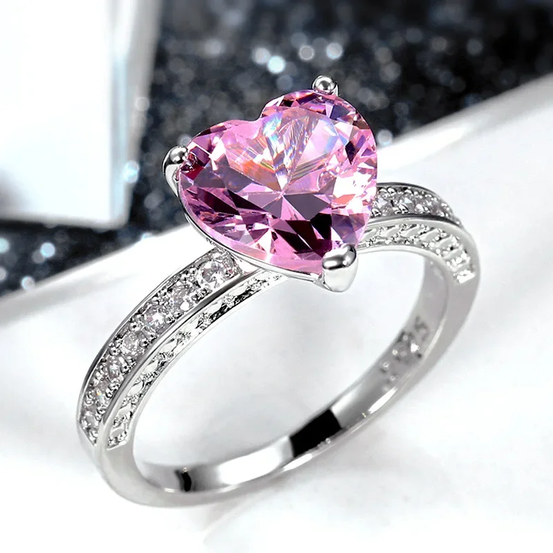 Heart Shape Zircon Wedding Rings for Women Romantic Pink Engagement Girlfriend Female Metal Finger Ring Jewelry Gift