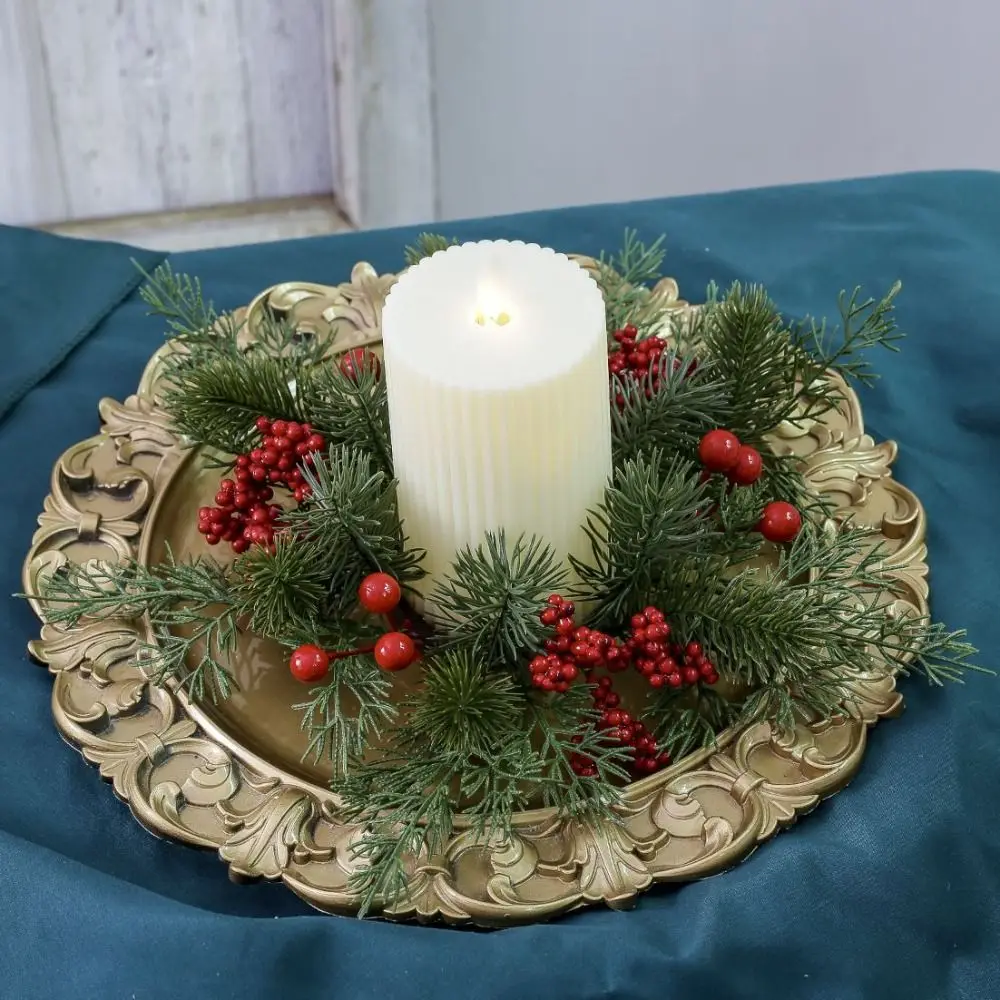 Artificial Flower Candle Wreath 25CM Red Fruit Candle Rings Pine Needle Romantic Candlestick Wreath Christmas Decor