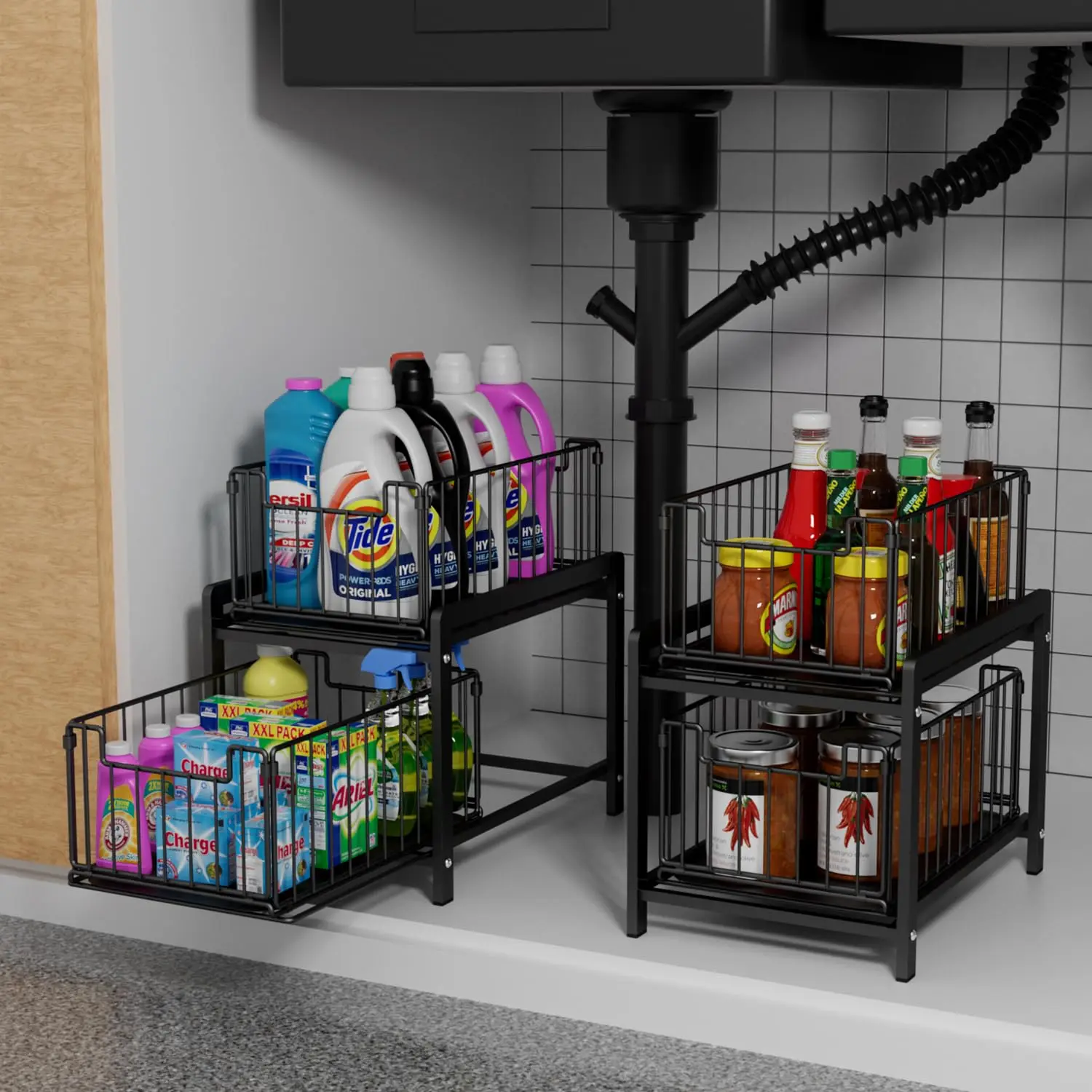 2 Tier Sliding Basket Drawer Organizer,Pull Out Under Sink Cabinets Organizer,Metal Home Organizer Shelf for Bathroom or Kitchen