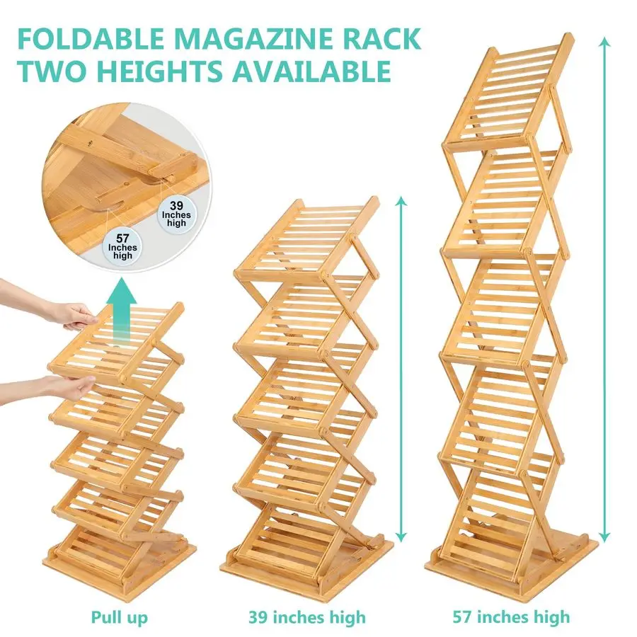 Revistero plegable, soporte de suelo, soporte de exhibición de folletos, estante de exhibición de literatura, revistero de madera de bambú para el hogar y la Oficina