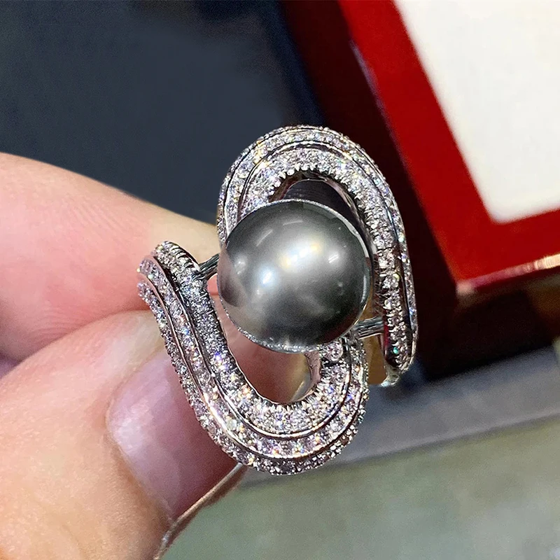Huitan Luxury Women Rings Black Simulated Pearl Finger Accessories Party Holiday Unique Design Inlaid Shiny CZ Fashion Jewelry