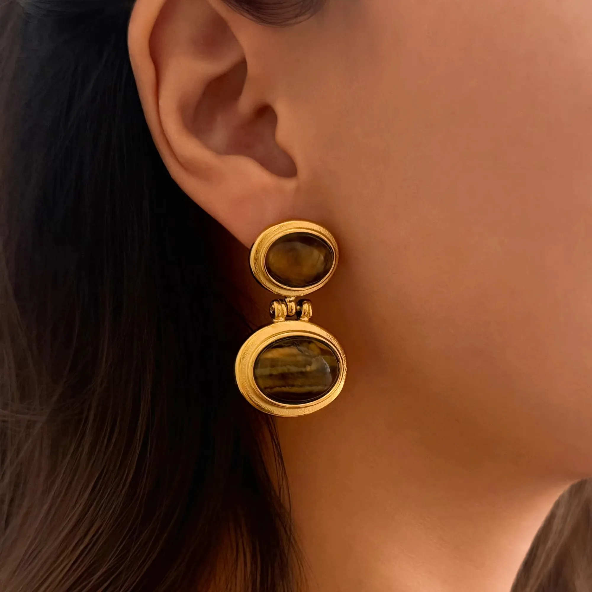 

Нержавеющая сталь, 18-каратное позолоченное винтажное коричневое овальное кошачий глаз, серьги с камнем для женщин, модные водонепроницаемые ювелирные изделия без тускнения