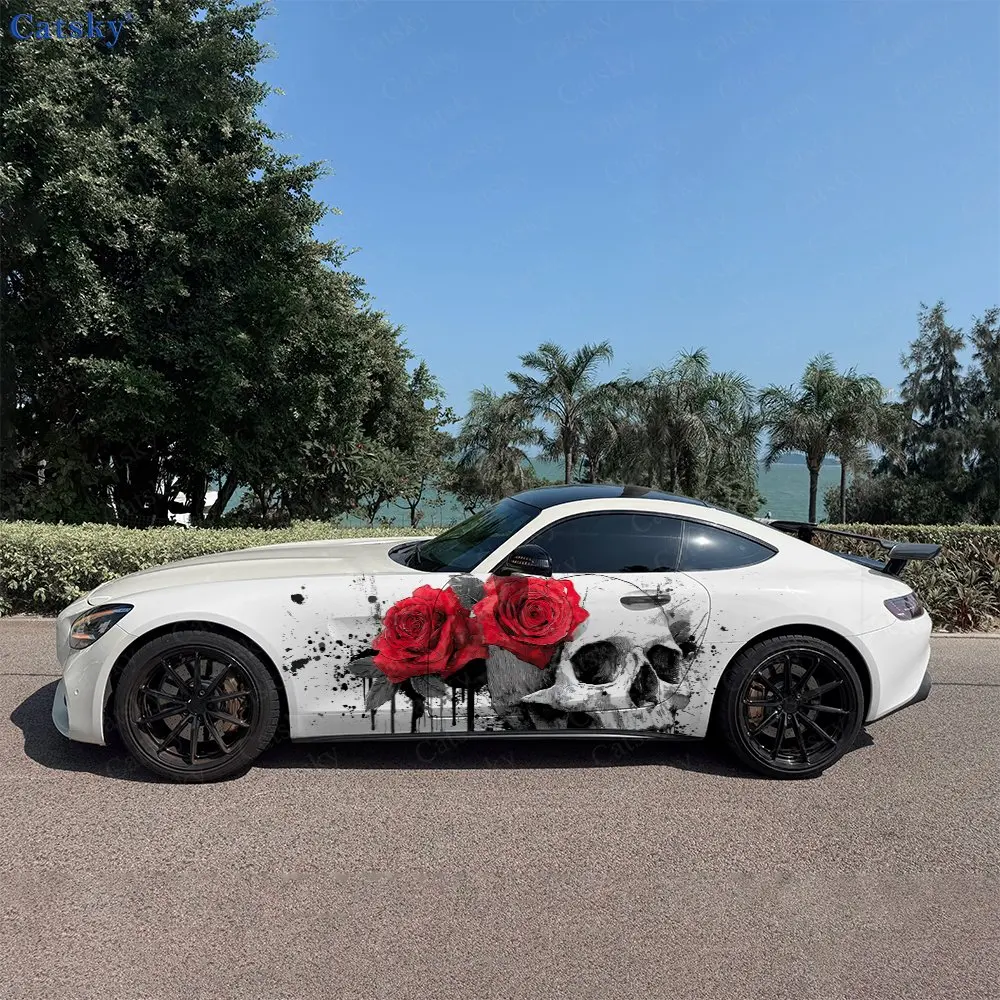 2pcs Ink Splatter & Drip Skull Car Side Wraps, Self-Adhesive PVC Waterproof & Scratch-Resistant Stickers, Car Accessory Gift
