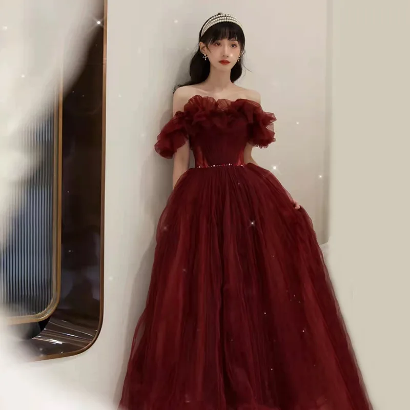 Burgundy Off Shoulder Wedding Dress Evening Dress Short Sleeve Backless Slim Fit Floor Length  Princess Wedding Party Dress