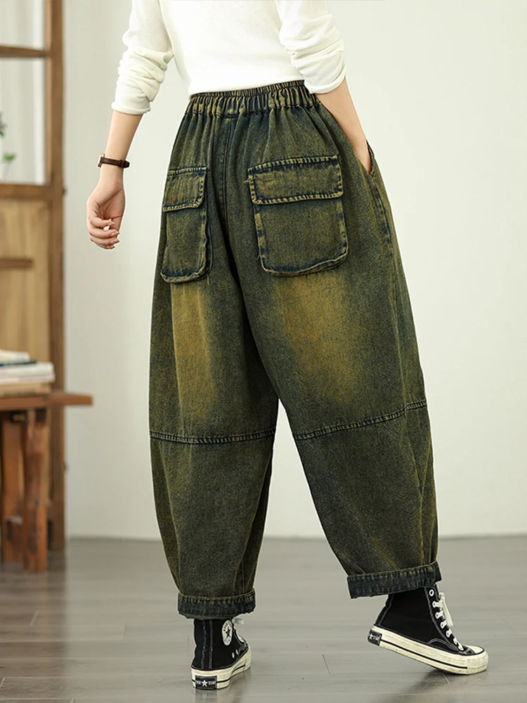 

NYFS 2025 винтажные женские джинсы с высокой талией, свободные брюки больших размеров, осенние модные джинсовые шаровары