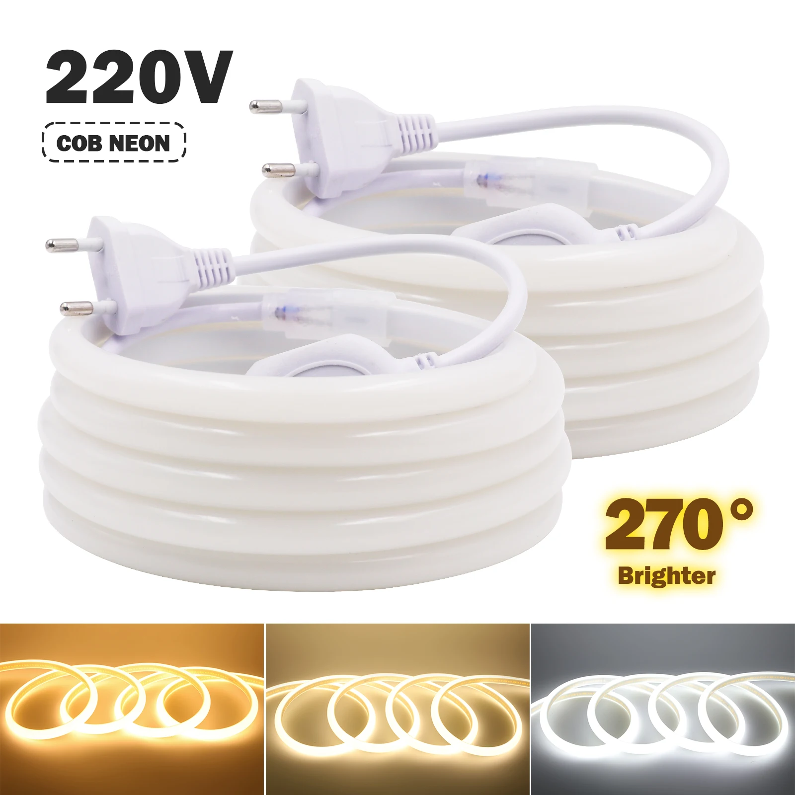 220V COB LED Strip Neon Light 270 Degree Luminous LED Lights 288Leds/m Flexible Rope Lamp 3000K 4000K 6000K Ribbon Diode Tape