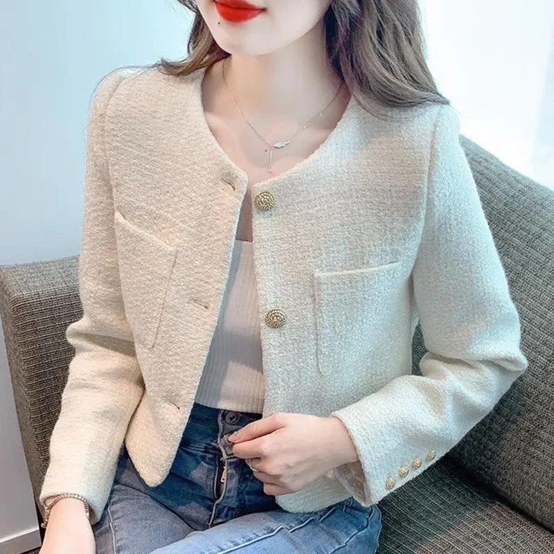 Rimocy Korean Fashion Tweed Cropped Jackets for Women 2024 Spring Round Neck Chic Coat Woman Beige Single-Breasted Jacket Female