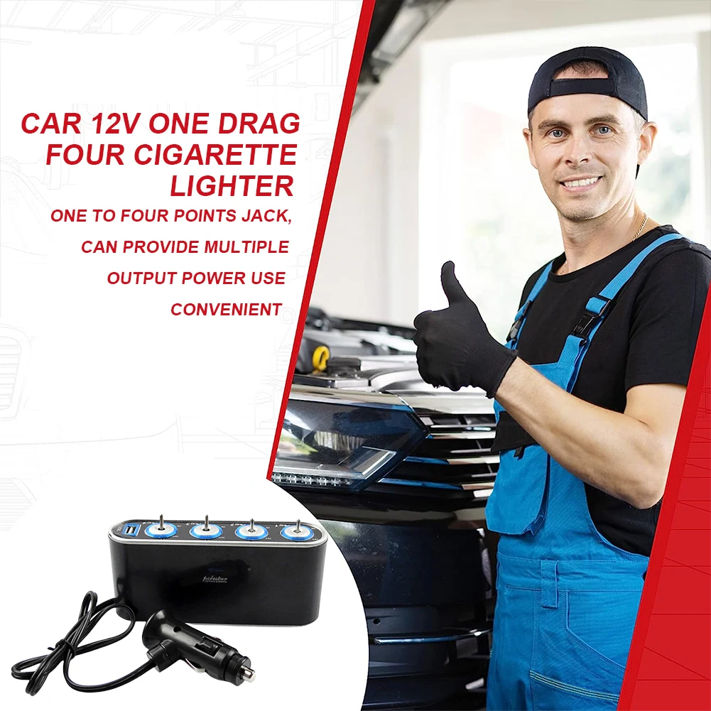 12V Car Power Distributor USB Port Cigarette Lighter Socket Splitter LED Light Cigarette Lighter Plug Socket Car Charger Adapter