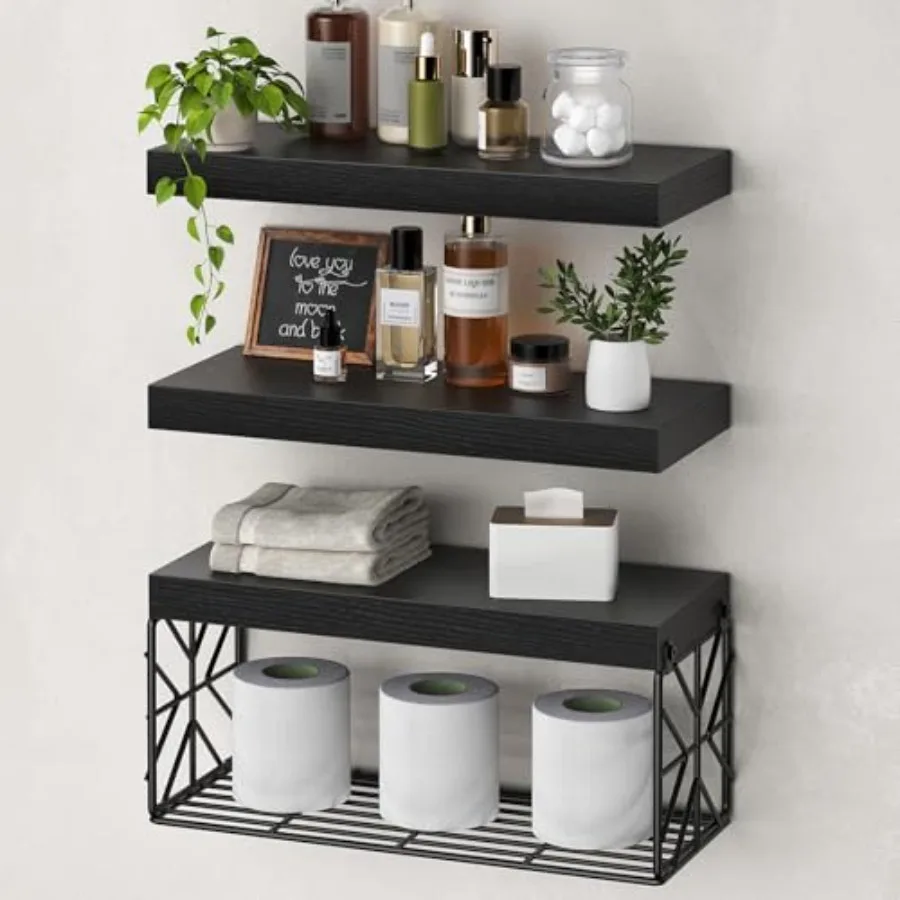 

Bathroom Shelves Over Toilet Set of 3 Floating Shelves for Wall Toilet Paper Storage 1.5 Thick Hanging Shelf Farmhouse Wall Dec