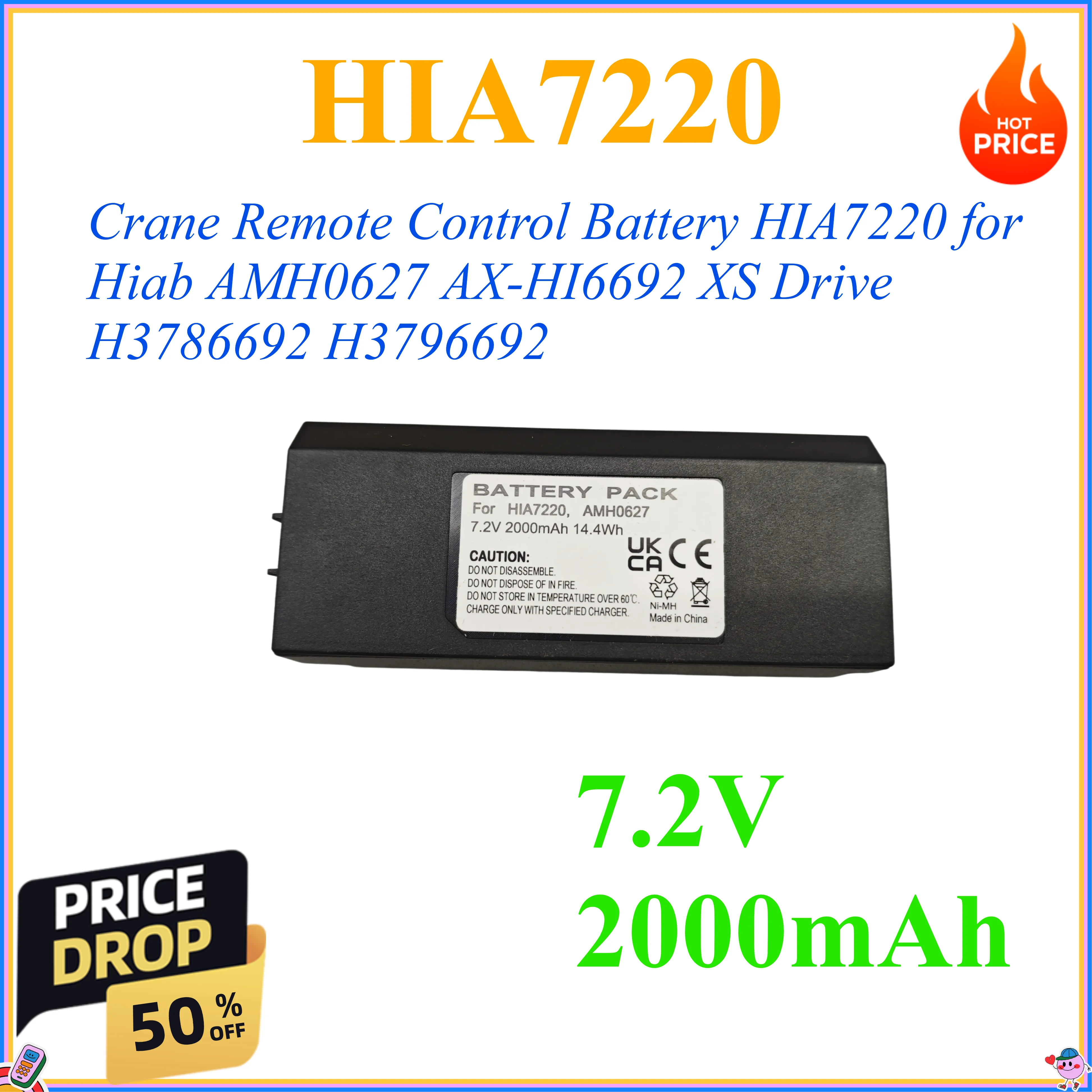 7.2V 2000mAh Crane Remote Control Battery HIA7220 for Hiab AMH0627 AX-HI6692 XS Drive H3786692 H3796692