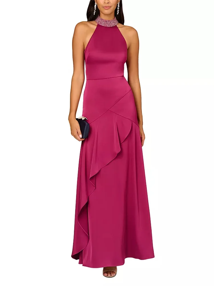 

Customized Simple Ruffled Halter Neck Evening Dress Sleeveless Metal Halter Neckline Hem Ruffled A-line Silhouette Dress