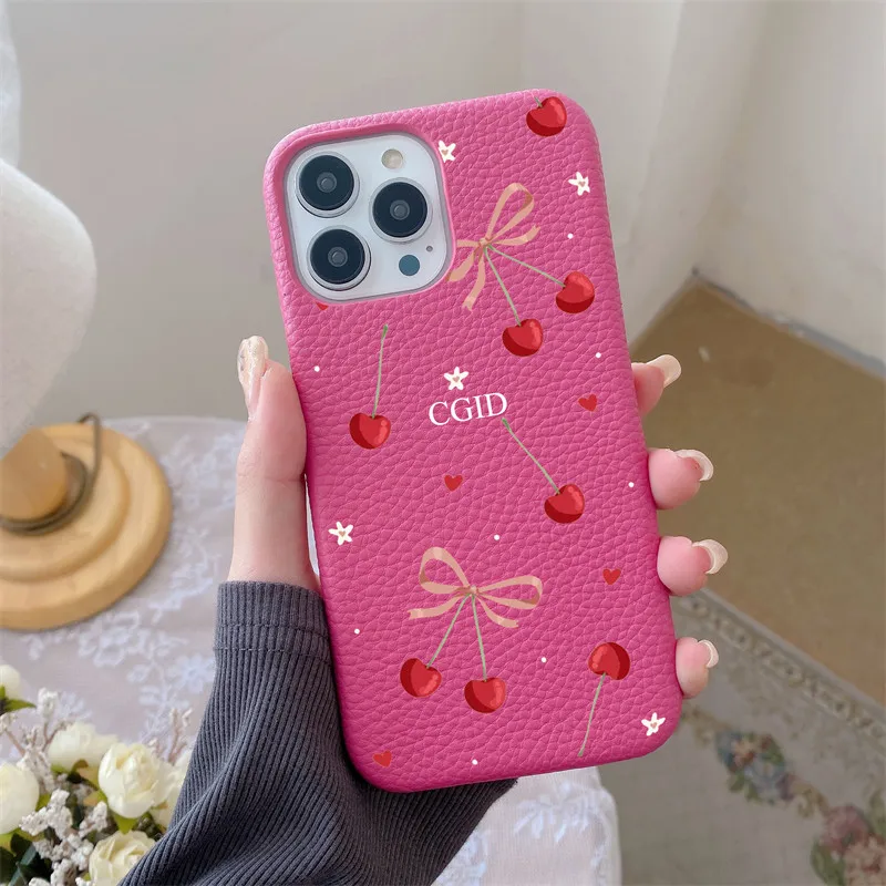 Personalised Name initial PU Pebble Leather cute Cherry Case for iphone 11 12 14 13 16 Pro Max XS XR 14 15Plus Luxury Hard Cover