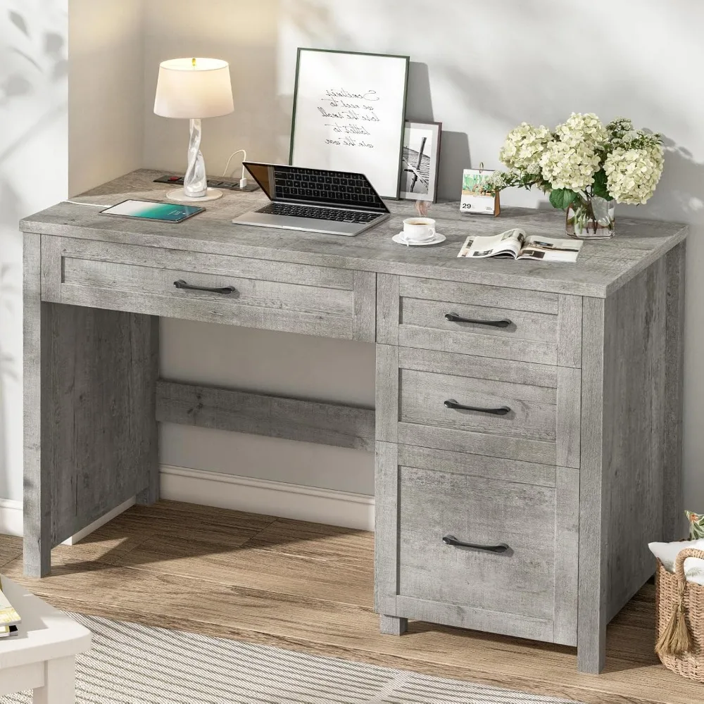 "47" grey home office desk with file drawer and charging station for executive workstation