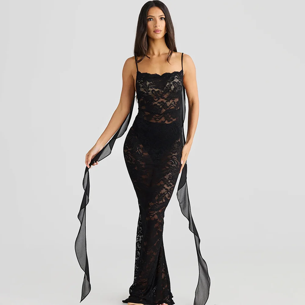 

New suspender backless trailing dress fashionable and sexy streamer perspective slim dress sexy temperament elegant high-end clo