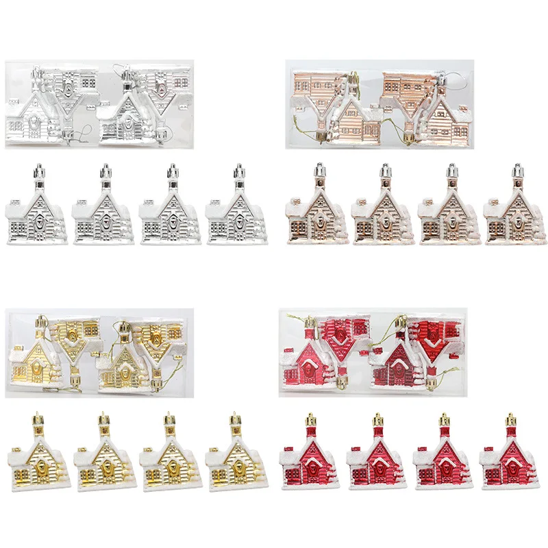 Snow Small House with Red Sliver Electroplated Painted Plastic for Christmas Decoration and Christmas Tree Hanging Ornaments