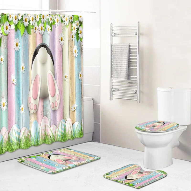 

2023 Greeting Easter Shower Curtain Set Easter Cartoon Rabbit Cute Bunny Anti-slip Toilet Cover Carpet Rugs Kitchen Home Decor