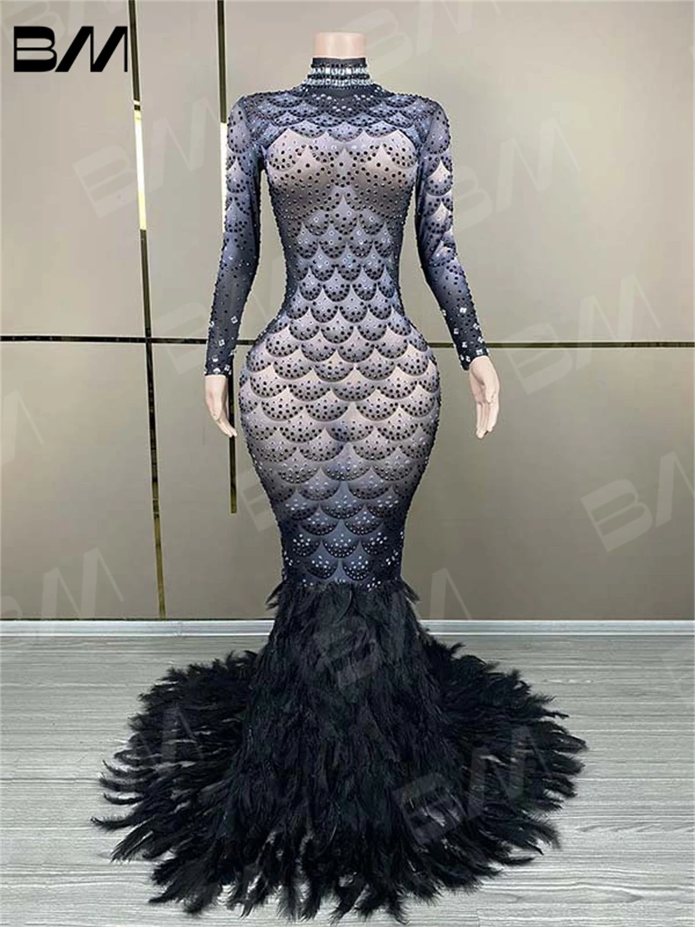 

Real Images Luxury Feathered Women Evening Dress Long Sleeve Mermaid Long Prom Dresses High Neck Celebrity Party Gow