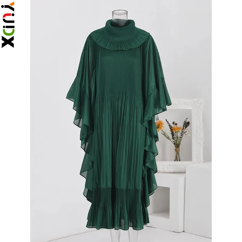 

YUDX Miyake Fashion Ruffles Pleated Dress For Women Lapel Solid Color Spliced Design Elegant Clothing 2024 Spring New